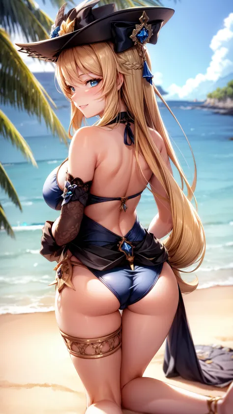 anime, beautiful face, highly detailed face, 2 accurate legs, blue detailed eyes, highly detailed beach background, perfect lighting, best body lighting, navia hat, 1girl, solo, navia, genshin impact, outdoors, beautiful blonde long hair, absurdres, high r...