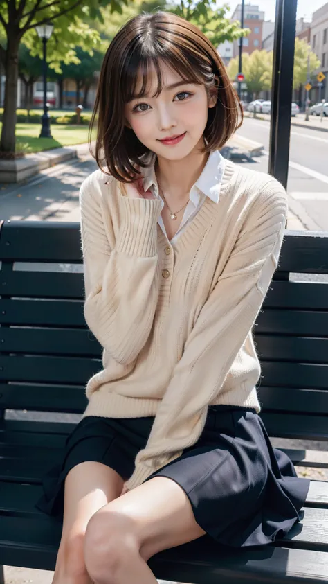 Photo taken by a professional photographer，laughter:1.5， wearing a sweater, short cut brown hair, young and cute girl, Wearing a flared skirt，Wear stylish boots，sit on a park bench:1.5，Flashy makeup with red eyeshadow，