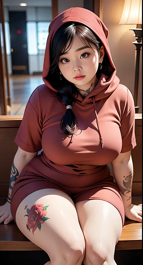 there is a woman sitting down with a longest brown hair, bbwchan, thicc, brown hijab outfit, brown hairstyle model, korean girl,...