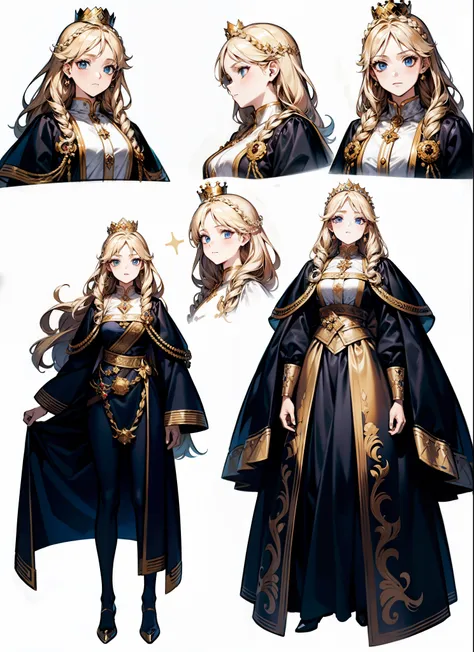 ((masterpiece)),(((best quality))),(character design sheet,same characters,front,side,Back), 1 girl, alone,long blonde hair,White and gold dress,(((Princess,crown))),Strong leadership character,Retro art style,masterpiece,best quality,top quality,super hig...