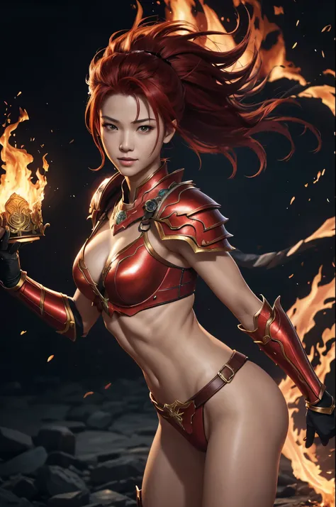 8k、alone、smileの16歳の炎神の女神,Super beautiful(like the real thing),red eyes,Super beautiful,beautiful red mohawk hair,Flashy flame god makeup,gorgeous red chest armor(flame emblem),sexy,Remains,amazing work of art、wind effect:1.9、cloud effect:1.2、explosive flam...