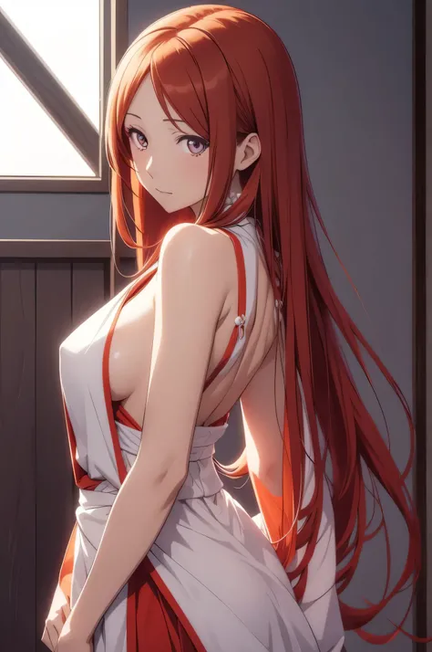 orihime inoue, ((detailed eyes:1.2)), wearing miko outfit, nsfw, sexy, sensual, sleeveless, sideboob, masterpiece, top quality, best quality, official art, beautiful and aesthetic:1.2), extreme detailed, colorful, highest detailed