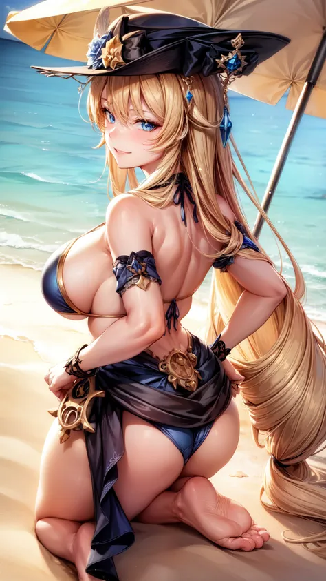 anime, beautiful face, highly detailed face, 2 accurate legs, blue detailed eyes, highly detailed beach background, perfect lighting, best body lighting, navia hat, 1girl, solo, navia, genshin impact, outdoors, beautiful blonde long hair, absurdres, high r...