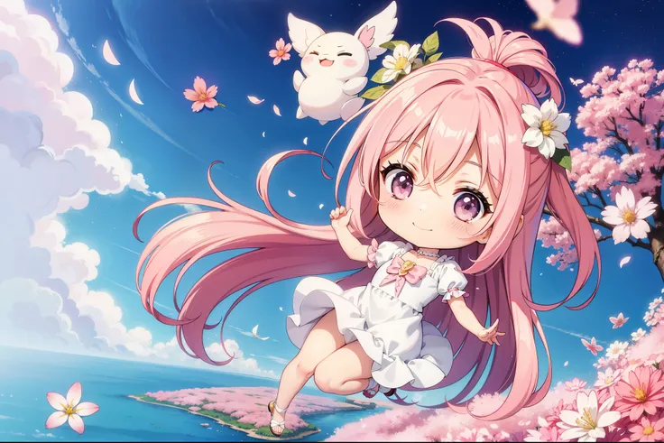 chibi character，flower garden，flying in the sky，adorable smile、long pink hair((chibi character))、Girl wearing pink, white and pastel blue costume、chibi character、Full body Esbian、masterpiece、highest quality、large in the center