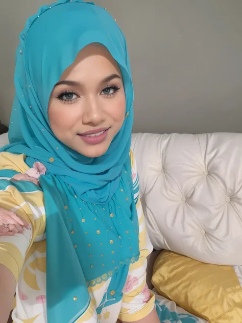 ((HIJAB)), ((YELLOW LINGERIE)), ((SHORT HIJAB)), Portrait photo of a matured chubby malay girl, curvy, (laughing:1.2), hijab,malaysian, posing, look at a camera, nerd, wear white shirt and short pleated skirt, full body, room background, big breast,nightti...