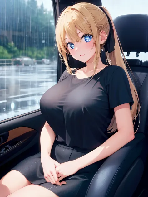 1woman,super beautiful,Sit in the car seat,blue eyes, blush,its raining,ponytail,half body photo,Beautiful eyes,perfect face,black t-shirt,black mini skirt,Very big breasts,Blonde hair,long hair,bangs,ultra detail,ultra Hd, masterpiece,4k