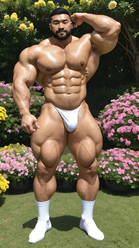 There is only one Chinese bodybuilder in the photo，30 years old，Tall and handsome, toned body，short hair, O-shaped beard，Perfect body, Dark and shiny complexion，Smooth skin，The body is hairless，Muscle bulge, muscular, Very big pecs，Very sexy abs，Leg muscle...