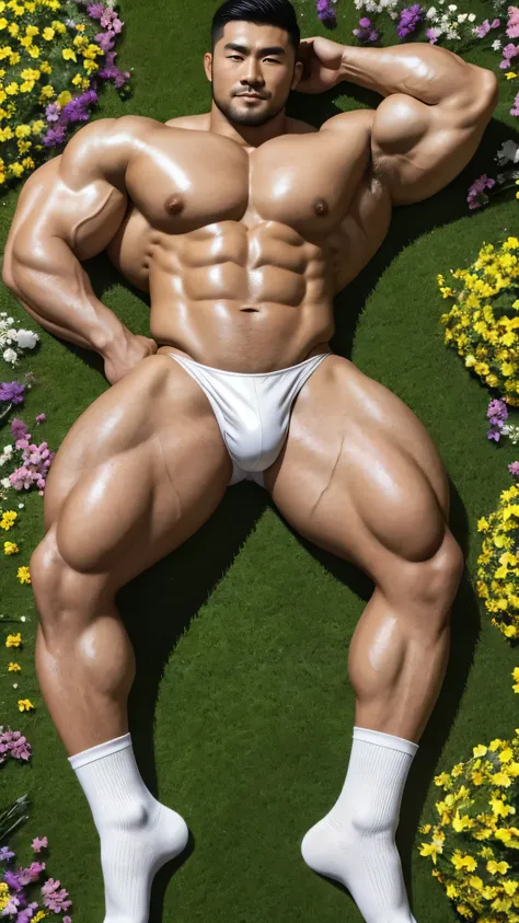 There is only one Chinese bodybuilder in the photo，30 years old，Tall and handsome, toned body，short hair, O-shaped beard，Perfect body, Dark and shiny complexion，Smooth skin，The body is hairless，Muscle bulge, muscular, Very big pecs，Very sexy abs，Leg muscle...