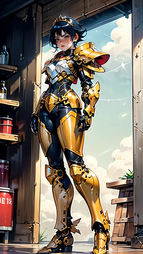 A woman adorned in fantasy-style full-body armor, a crown-concept fully enclosed helmet that unveils only her eyes, a composite layered chest plate, fully encompassing shoulder and hand guards, a lightweight waist armor, form-fitting shin guards, the overa...