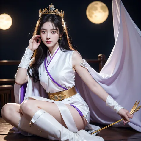 Realistic and delicate 16K slender fingers ulzzang-6500: 1.2 Chinese style Hanfu generals，Smile、night、moonlight、Star、best quality、Masterpiece 8K resolution、ultra high resolution、，Waist hanging knife，There is a bow and arrow in the back，With a knife in his ...