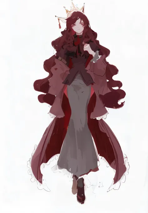 Anime style - female characters in aristocratic clothes and capes，Dressed in gorgeous red suits，Bloody concept art，Gorgeous full-length illustration，With a crown and big wavy hair。