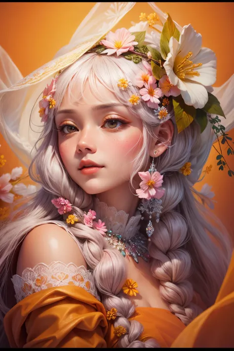 Beautiful detailed frost frost frosty Hawaiian white orange yellow winter queen soft many pink Hawaiian flowers hyperdetailed portrait 8k Leonardo da Vinci