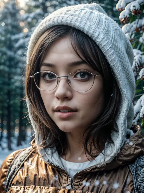 Photorealistic, (close up:1.2), low angle, (seen from below:1.1), a japanese young girls with hood, (long sleeve red tanktop:1.2, bottomless), stylish yellow glasses, a hyperrealistic beautiful young girls with natural sagging breast, high detailed officia...