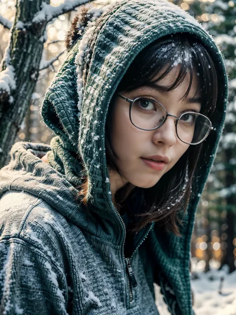 Photorealistic, (close up:1.2), low angle, (seen from below:1.1), a japanese young girls with hood, (long sleeve red tanktop:1.2, bottomless), stylish yellow glasses, a hyperrealistic beautiful young girls with natural sagging breast, high detailed officia...