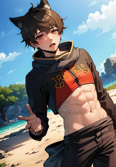 1boy, 16 years old, wolf ear, ripped abs, sweating, (masterpiece:1.2, best quality)