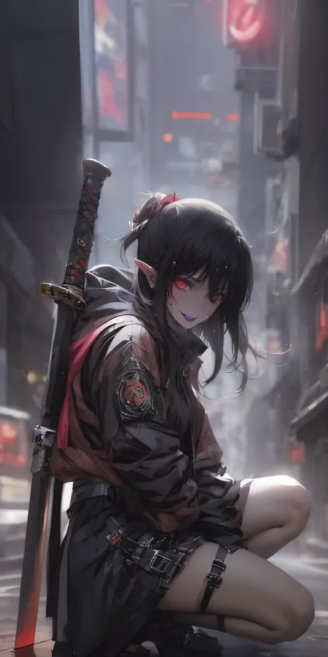 red eyes, pointy ears, long black hair, pink lipstick, makeup, pale skin, anime girl kneeling down with a sword in her hand, bad...