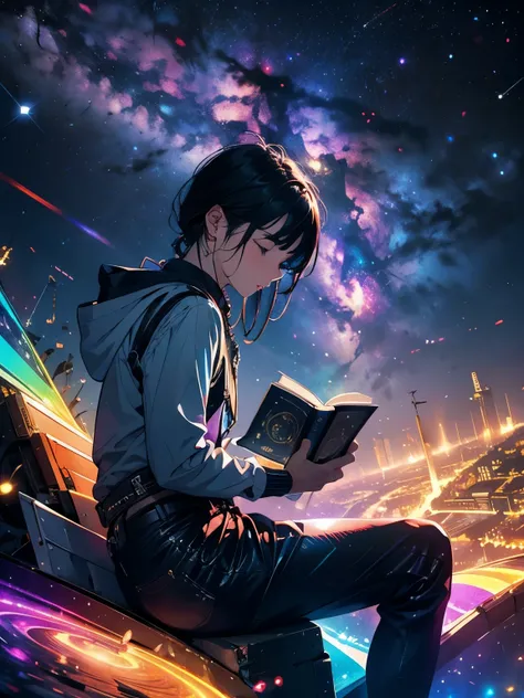 a  sitting in the performer and reading a colored shining book, rainbow colored space nebula sky background, performer, Milky Way
