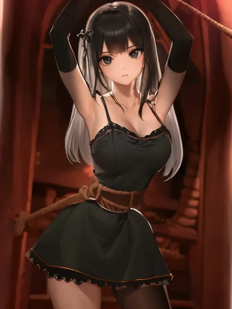 ((masterpiece)), ((highest quality)), (super detailed), torture room,(((rope strongly spueezing her waist))),pretty girl, 1 girl, alone,camisole dress,beautiful black hair, (beautiful black eyes), long hair, expression of agony