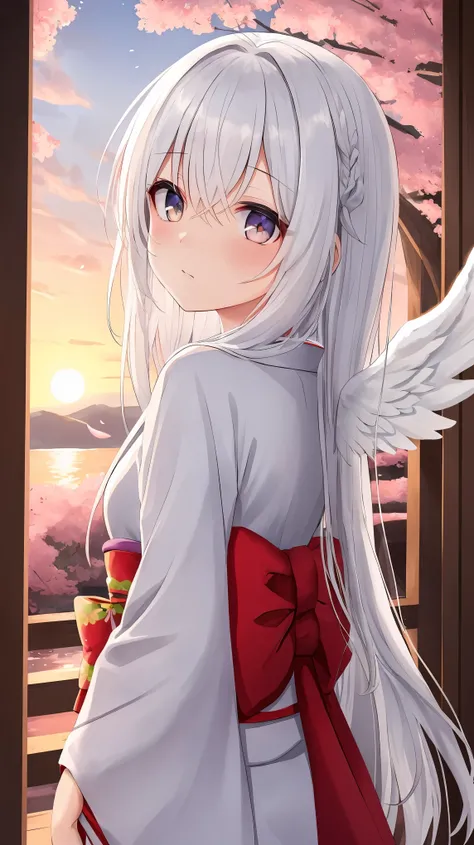 (masterpiece), best quality, expressive eyes, perfect face, details, solo, angel girl, angel wings, long hair, bluish white hair, bluish white eyes, cute kimono, cherry blossom, sunset