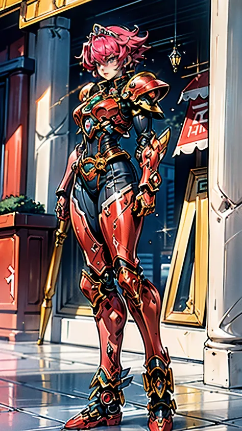 A woman adorned in fantasy-style full-body armor, a crown-concept fully enclosed helmet that unveils only her eyes, a composite layered chest plate, fully encompassing shoulder and hand guards, a lightweight waist armor, form-fitting shin guards, the overa...