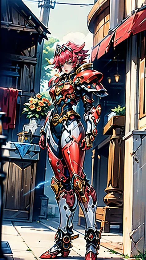 A woman adorned in fantasy-style full-body armor, a crown-concept fully enclosed helmet that unveils only her eyes, a composite layered chest plate, fully encompassing shoulder and hand guards, a lightweight waist armor, form-fitting shin guards, the overa...