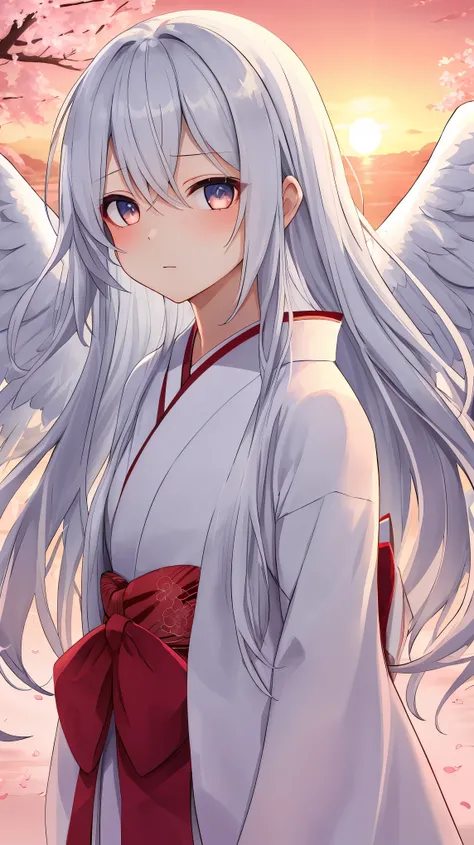 (masterpiece), best quality, expressive eyes, perfect face, details, solo, angel girl, angel wings, tenshi, wings, long hair, bluish white hair, bluish white eyes, cute kimono, cherry blossom, sunset