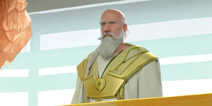 Thaedus from the invincible, an old man, a grandpa, has white nearly bald hair, has white mustache, has long white beard, scowling, wears white robe with yellow chestplate