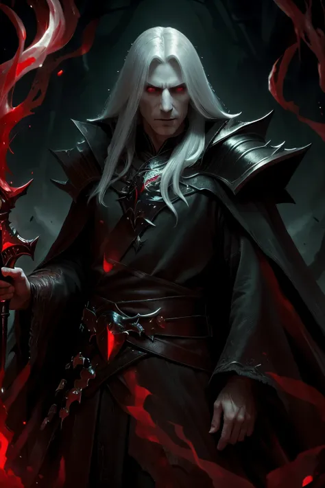 Man, long white hair, dark lord&#39;s robe, spiked shoulder pads, the villain, death knight, conjures, casts a spell, blood magic, epic pose, Holds a weapon, The Dark Lord, A vampire, blood, Blood Mage, detailed face