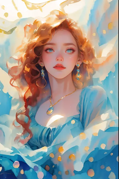 little mermaid), (best details), (best quality),(((watercolor ))),watercolor背景,galaxy,flying blue fabric，Golden necklace， flash, particle, wind, Golden bubbles, hair accessories, colorful hair, alone, jewelry, Starry Sky, Sky, Star, Milky Way, There was a ...