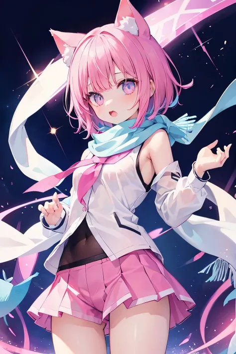 Very beautiful and shining eyes、shining eyes、1 girl、small breasts、big mouth、high school girl、small breasts、Cat ear、Transparent pink short hair、scarf、hot pants、Near future、neon、