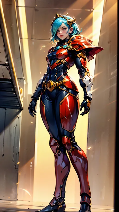 A woman adorned in fantasy-style full-body armor, a crown-concept fully enclosed helmet that unveils only her eyes, a composite layered chest plate, fully encompassing shoulder and hand guards, a lightweight waist armor, form-fitting shin guards, the overa...