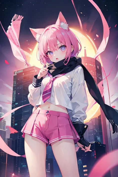 Very beautiful and shining eyes、shining eyes、1 girl、small breasts、big mouth、high school girl、small breasts、Cat ear、Transparent pink short hair、scarf、hot pants、Near future、neon、