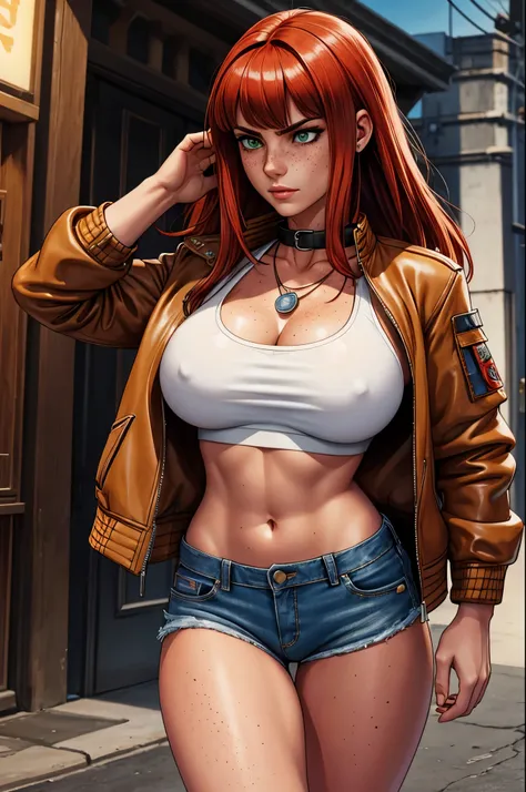 a woman fighting with a brown bomber bomber jacket, white cropped top and short denim shorts, realism, ears not visible, straight hair, big breasts, sensual body, red hair, freckles, colorful, flowing bangs in front of the eyes, sensual girl, thin girl , f...