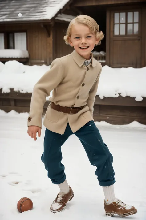 Molching, Germany, 1939. ((((10-year-old)) Rudy Steiner)), very thin boy, athletic, bony legs, gangly eyes, throwing a snowball, ((amused expression)). ((((casual poor clothings from the 1930)))), ((light-blond hairstyle of the 1930s))