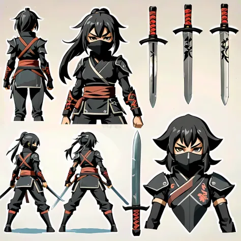 close-up of a female in a ninja costume, ((character concept art)), ((character design sheet, same character, front, side, back)...