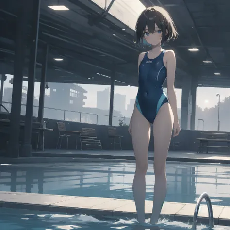 Super absurd quality by the god of art, super detailed, High resolution, anime moe art style, Best Anime 8K Kona-chan Wallpaper, pixiv contest winner, perfect anatomy, break,(Please draw a picture of a girl standing sleepily by the pool in a blue ワンピースwate...