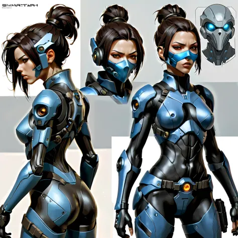 close-up of a female in a high tech body suit, ((character concept art)), ((character design sheet, same character, front, side,...