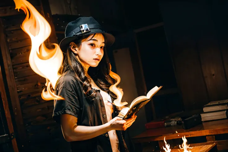 1 girl,{{Floating Fire Magic Spell and a burst of flam}},book,looking at viewer,close-up, cowboy shot,cinematic lighting, volume lighting, light particlestachie,dynamic angle ,ray tracing,, best quality, amazing quality, very aesthetic, absurdres,