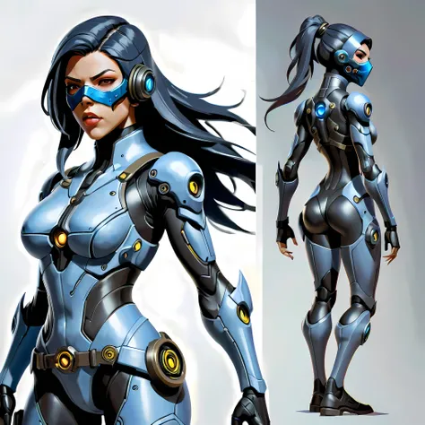 Close-up of a female in a high tech body suit, ((character concept art)), ((character design sheet, same character, front, side, back)), StarCraft character art, video game character design, video game character design, StarCraft ghost girl, expert high de...