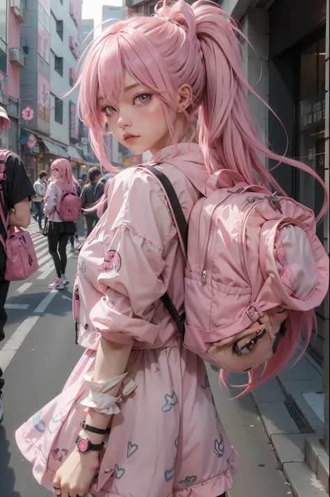 anime girl with pink hair with a backpack, she is wearing street clothes, with pink hair, portrait of jossi of blackpink, Urzan, ((pink)), jossi of blac色的, lalisa manoban of blac色的, Wear cyberpunk streetwear, Japanese streetwear, long hair, real life anime...