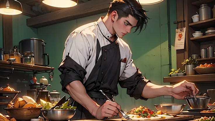 the animation shows a chef in a cooking position, in the style of zhang jingna, handsome, kathrin longhurst, maximilien luce, heroic, contest winner, enchanting , 32k, best quality, masterpiece, super detail, high details, high quality film still, high qua...