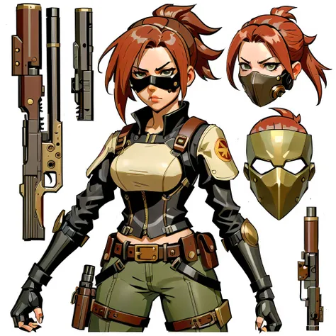 close-up of a female in a gun costume, ((character concept art)), ((character design sheet, same character, front, side, back)) ...