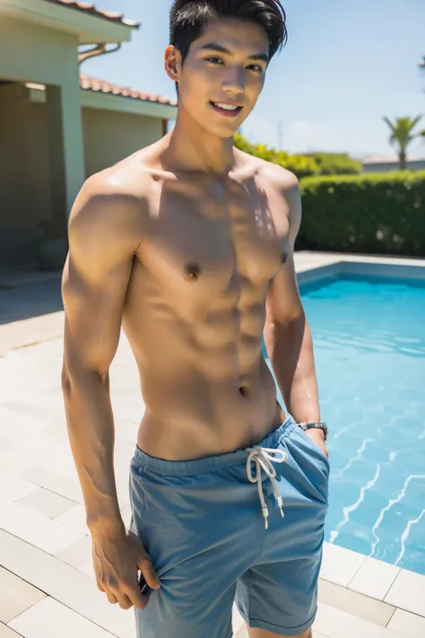 (masterpiece,best quality:1.2),male model, alone, 1 person,20 year old male,young,Handsome,asian model,black hair,short hair,Smile,Sexy breasts,thin waist,6-pack abs,Sexy figure,summer,Poolside,wearing swimming trunks,black triangle,full-body shot,