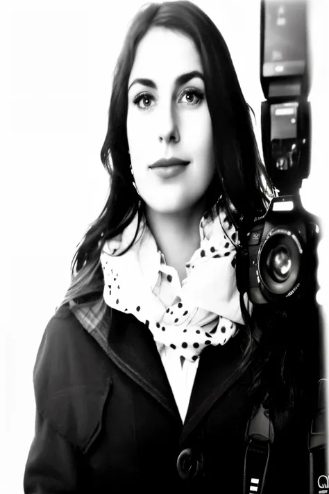 there is a woman who is holding a camera and a camera, foto do jornalista, filme de retrato, looking at the camera, inspired by Gina Pellón, looking at the camera, towards the camera, inspired by Amelia Peláez, B&foto, camera looking at her, fotografado em...