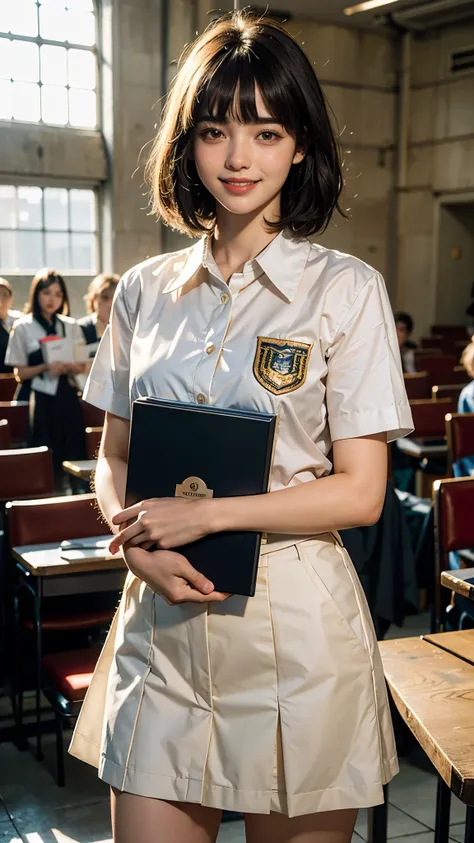 highest quality, masterpiece, ultra high resolution, (realistic:1.4), (portrait facing each other) RAW photo, 3 girledium chest)),20-year-old,high school uniform,((holding a diploma in hand)),((Commemorative photo with friends)),((black short hair,Bangs cu...