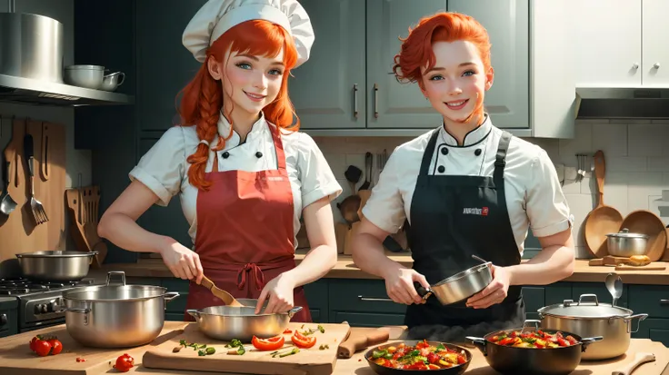 Banner for YouTube channel about cooking: A young red-haired culinary girl, on her shoulder a rat from the cartoon Ratatouille, in a chefs hat, with a pot, with a playful and cheerful look, 3D colorful characters