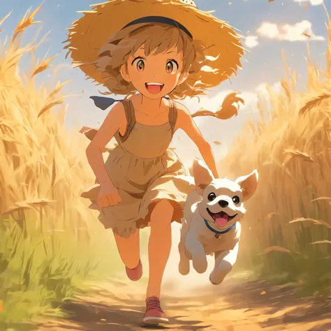 Auf bunten Wiesen，Einer in einem langen Kleid，Girl in straw hat running with puppy on dirt road，niedrigerer Stil