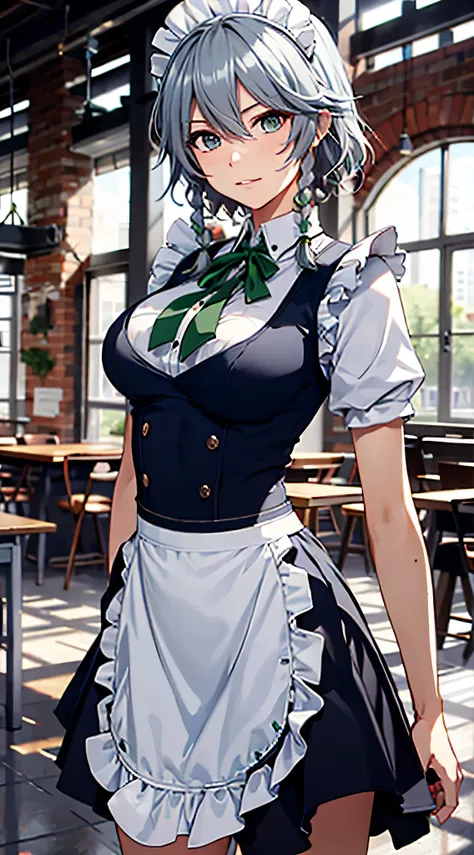 (Unity 16K 壁紙, table top, highest quality, super detailed, Highly detailed CG, cinematic lighting, be familiar with, detailed and beautiful eyes, alone), (((Sakuya Izayoi))), maid, Bachelor, gray hair, medium breasts, knife