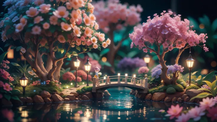 Magic garden miniature scene, with delicate flowers and softly illuminated branches,, Illuminated by happy and smiling miniatures. 8K Autorealist,on water,clear water、Relaxing cafe