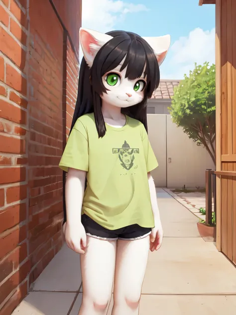 A young female white cat furry, white fur, black long hair , hair covering left eye, green eyes, young furry, short height, short tail, huge green oversized t-shirts